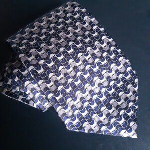 Salvatore Pellegrino Silk Tie Blue, Grey Black & White Wavy Pattern Tie